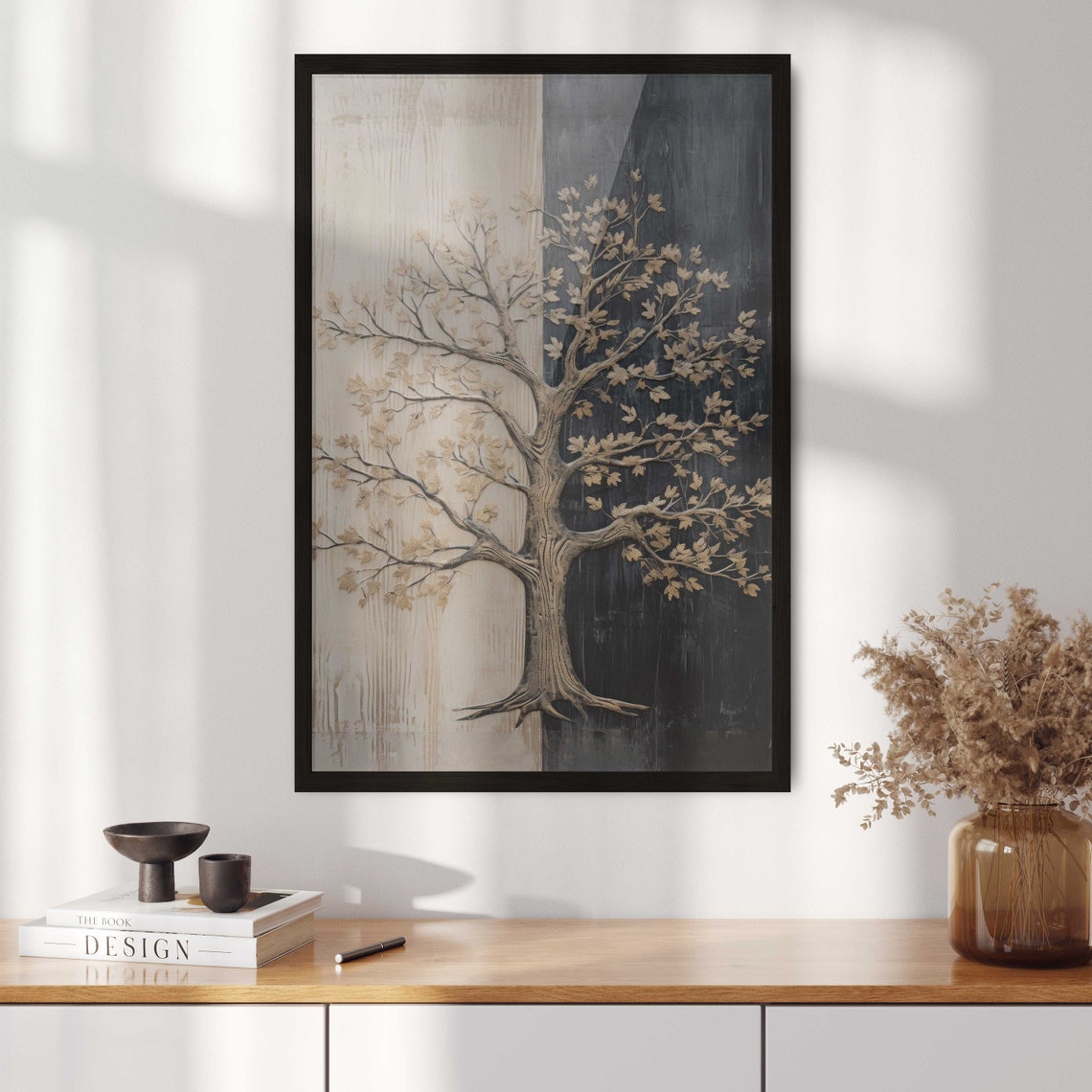 Golden Tree Of Life Art On Split Light And Dark Wood Panel Poster - Image 2