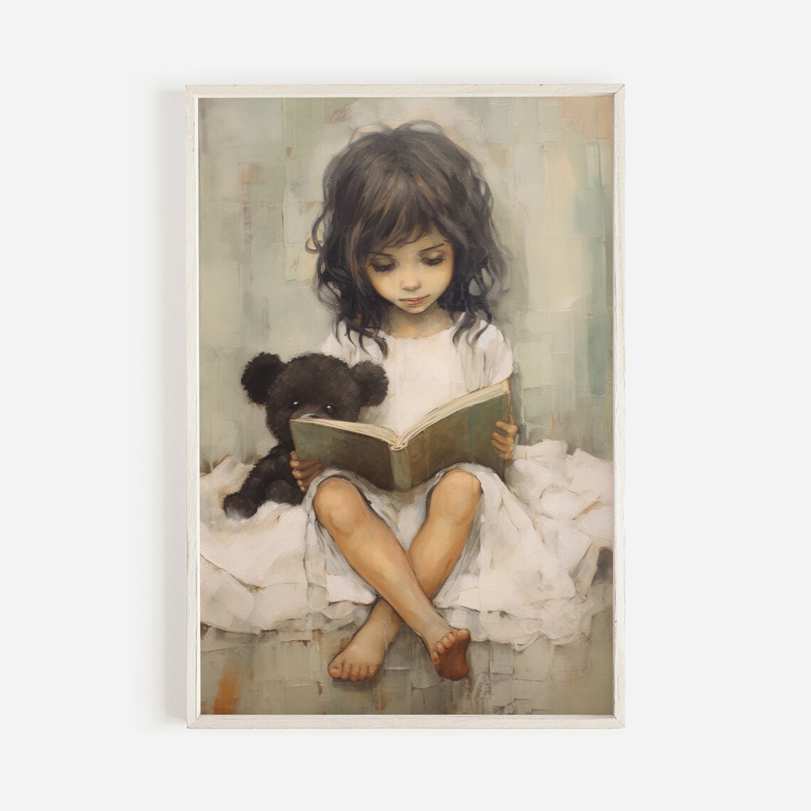 Girl and Teddy Bear Reading in Bed Art Print - Image 2