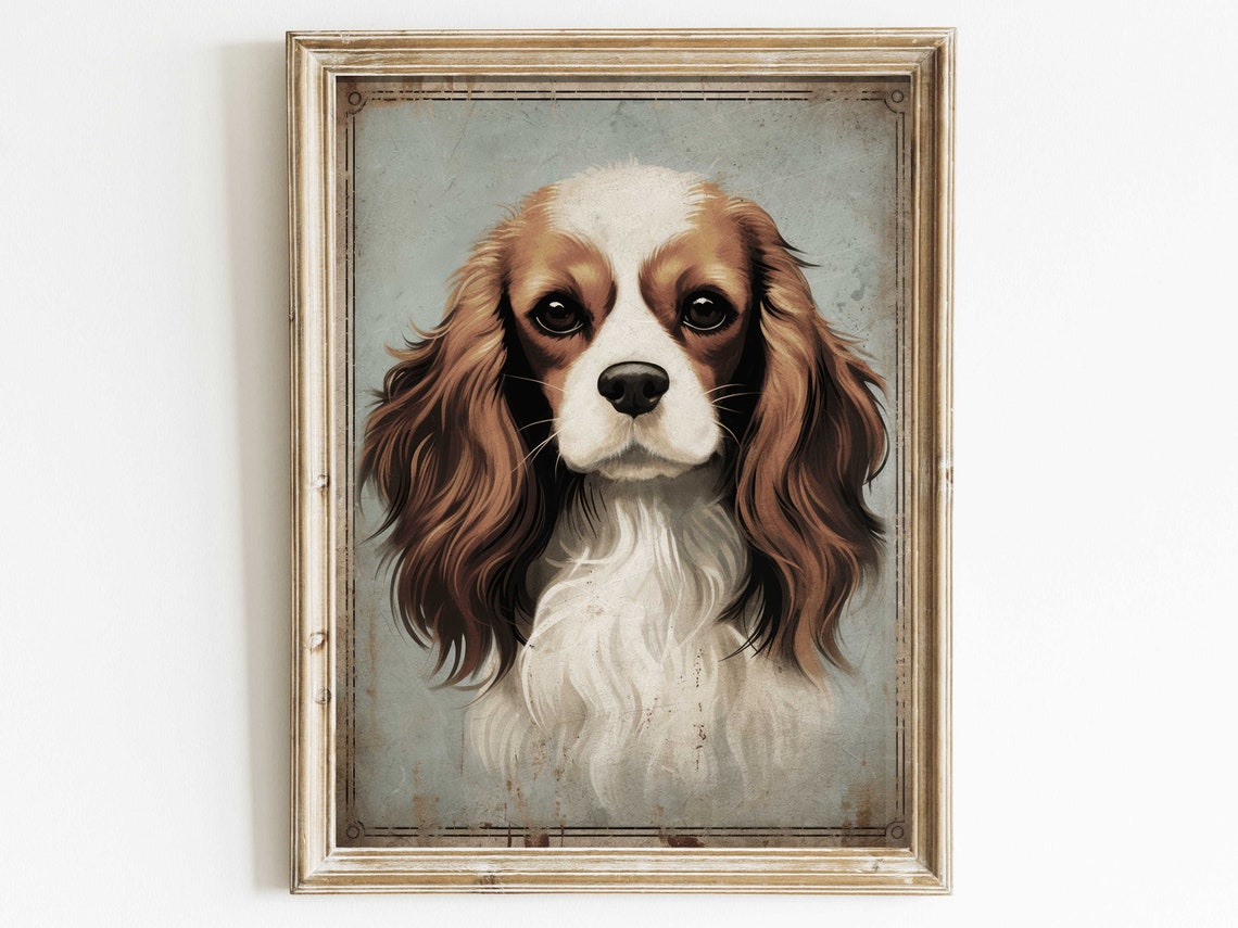 Cavalier King Charles Spaniel Portrait On Aged Blue Vintage Dog Print