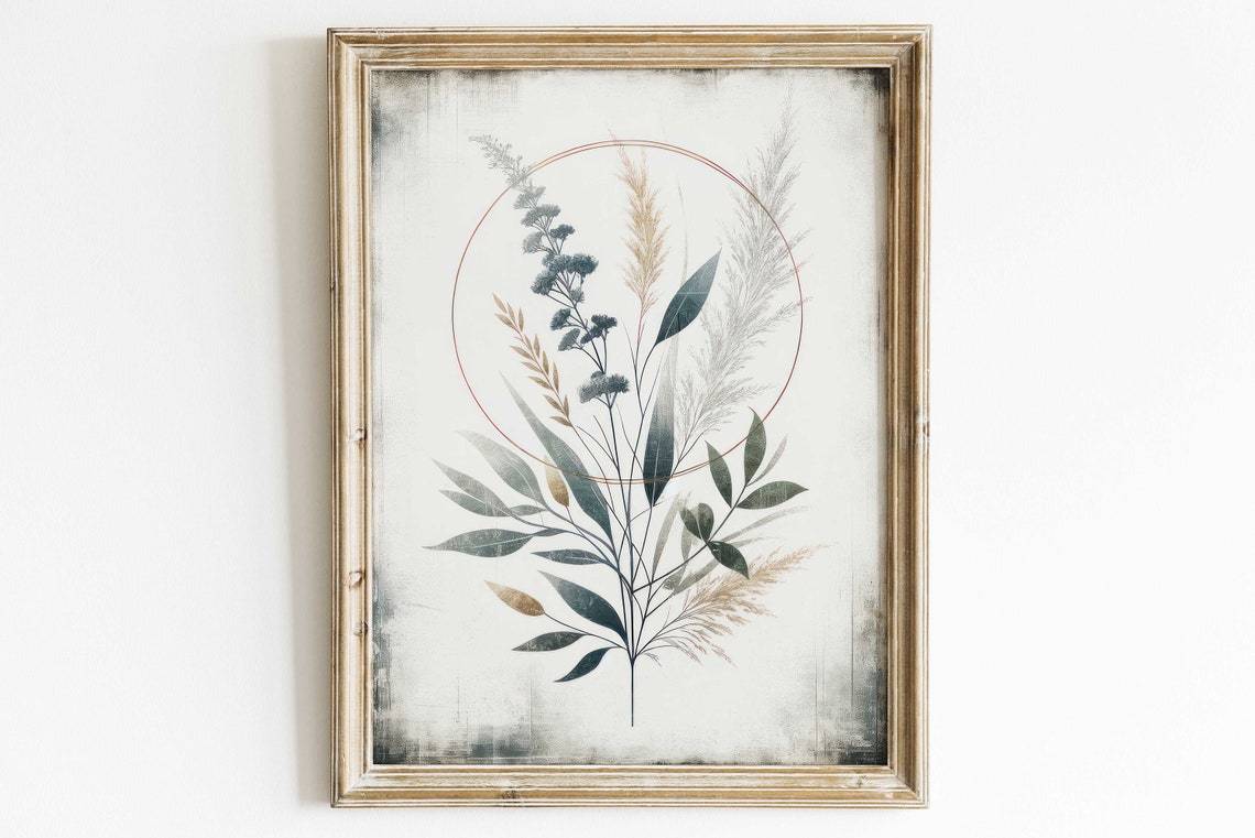 Minimalist Botanical Sprigs With Thin Circle Ring Vintage Art Print
