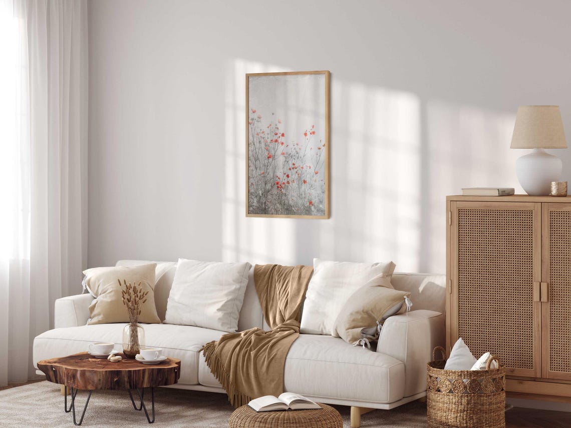 Tall Red Wildflower Field Rustic Floral Nature Artwork Poster - Image 3