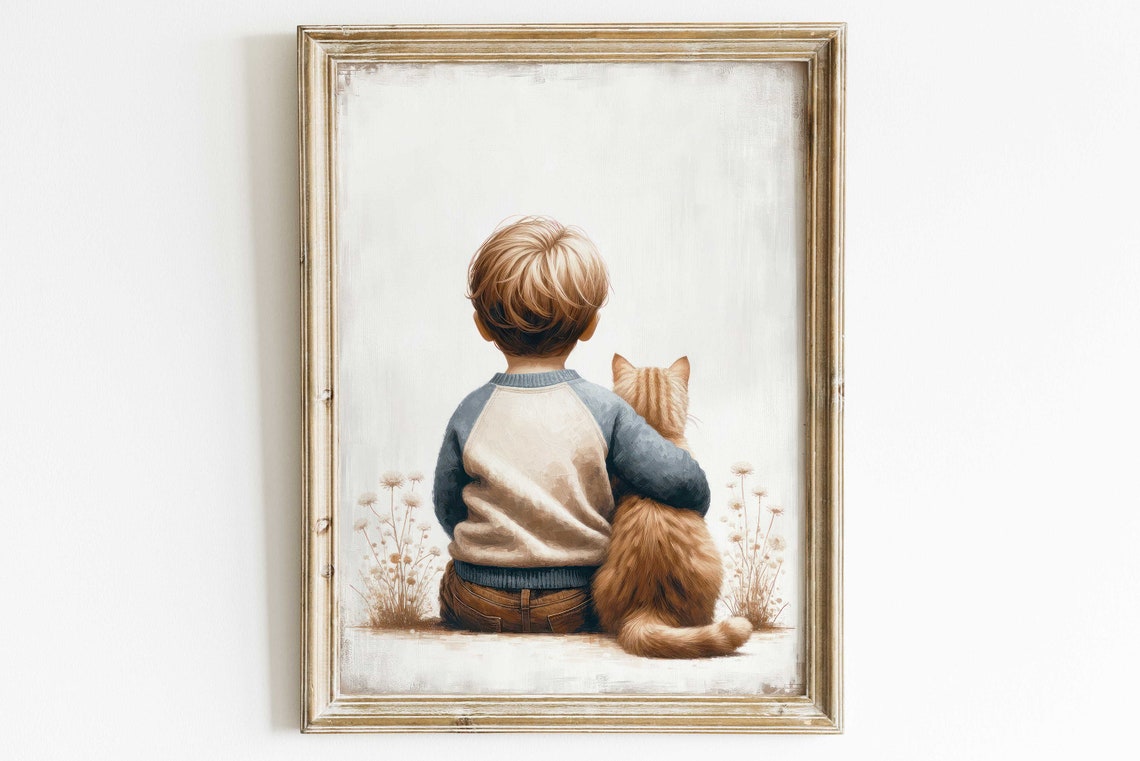 Boy Hugging Ginger Cat Poster Tender Watercolor Nursery Friendship Art - Image 3