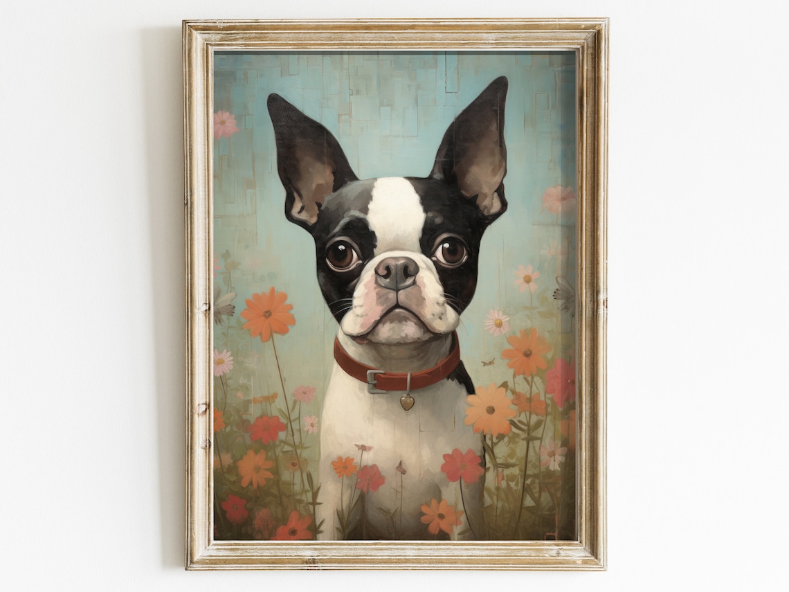 Boston Terriers Vintage Art Print, Dog Portrait