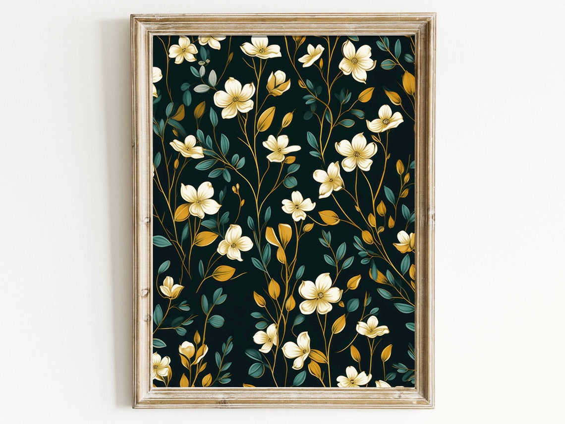 Elegant White Blossoms on Deep Green Floral Pattern Wall Art