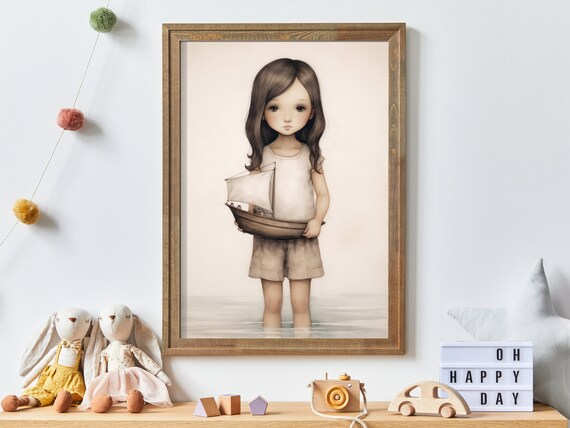 Little Girl Holding A Toy Sailboat Standing In Shallow Water Nursery Print