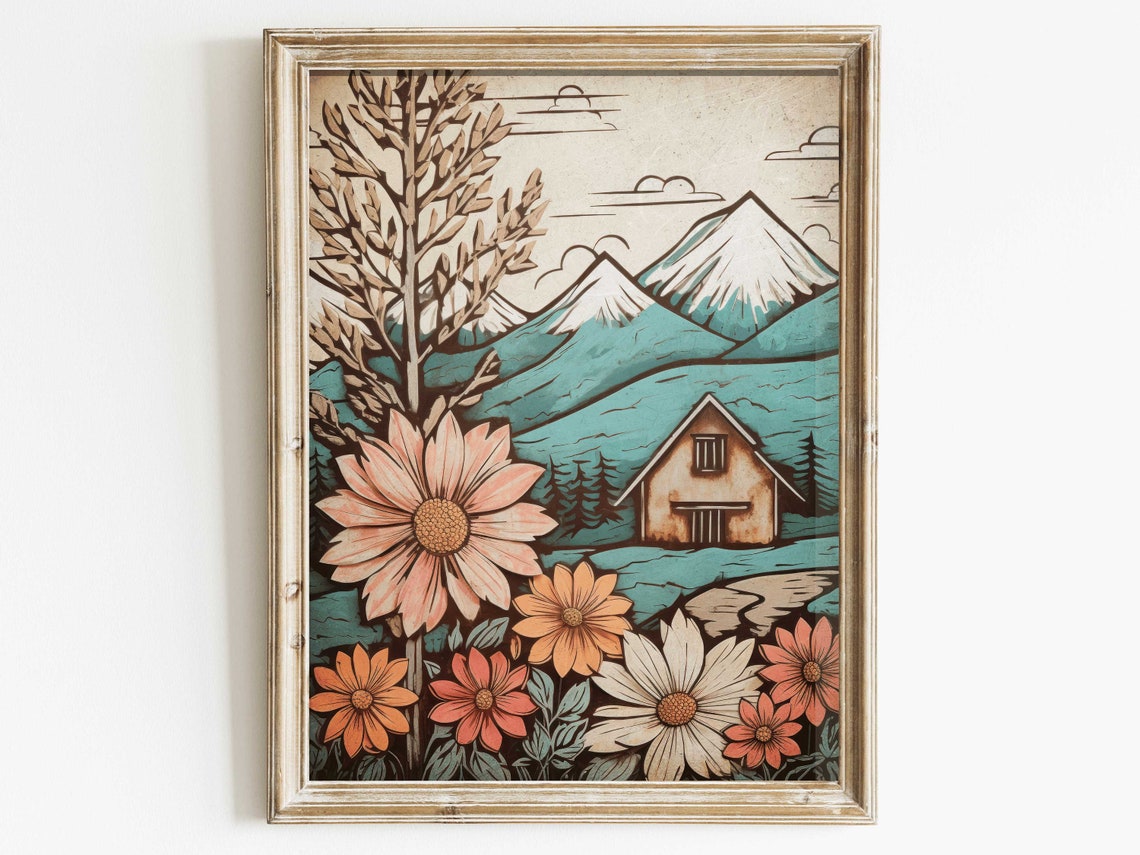 Rustic Mountain Cabin With Giant Wildflowers Forest Retreat Poster