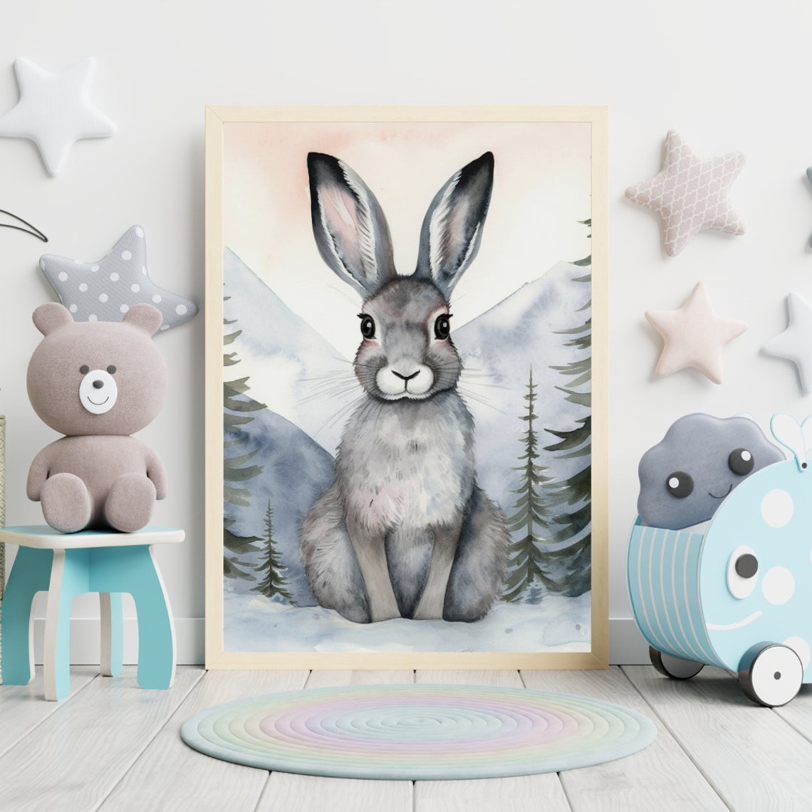 Cute Watercolor Hare in Snowy Winter Forest Woodland Nursery Poster - Image 2