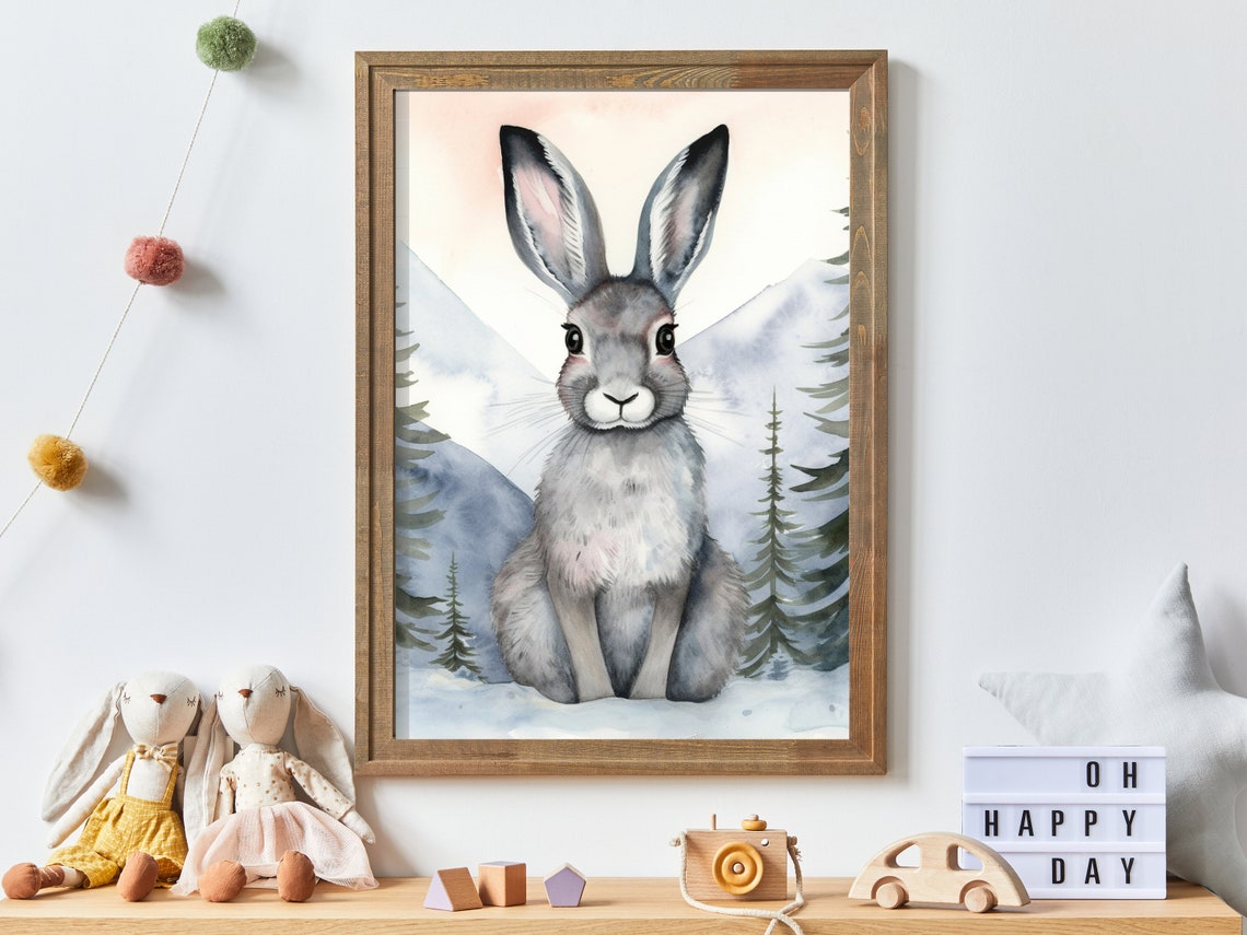 Cute Watercolor Hare in Snowy Winter Forest Woodland Nursery Poster