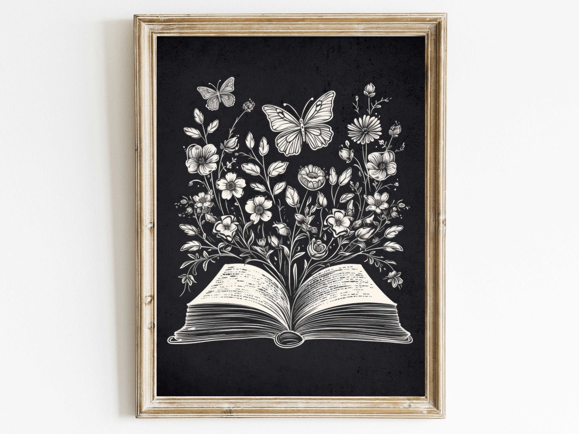 Open Book With White Florals and Butterflies Chalkboard Wall Art