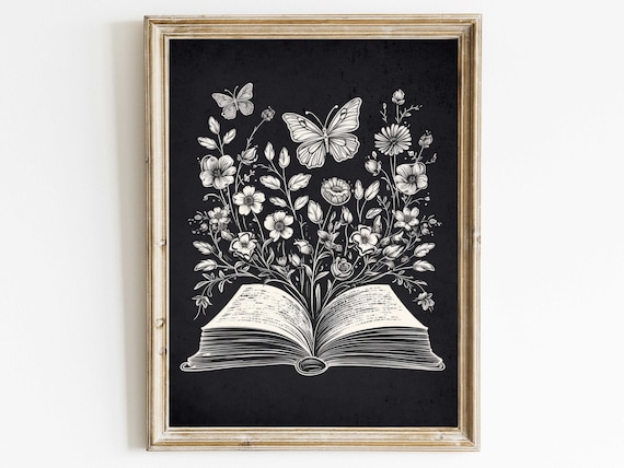 Open Book With White Florals and Butterflies Chalkboard Wall Art
