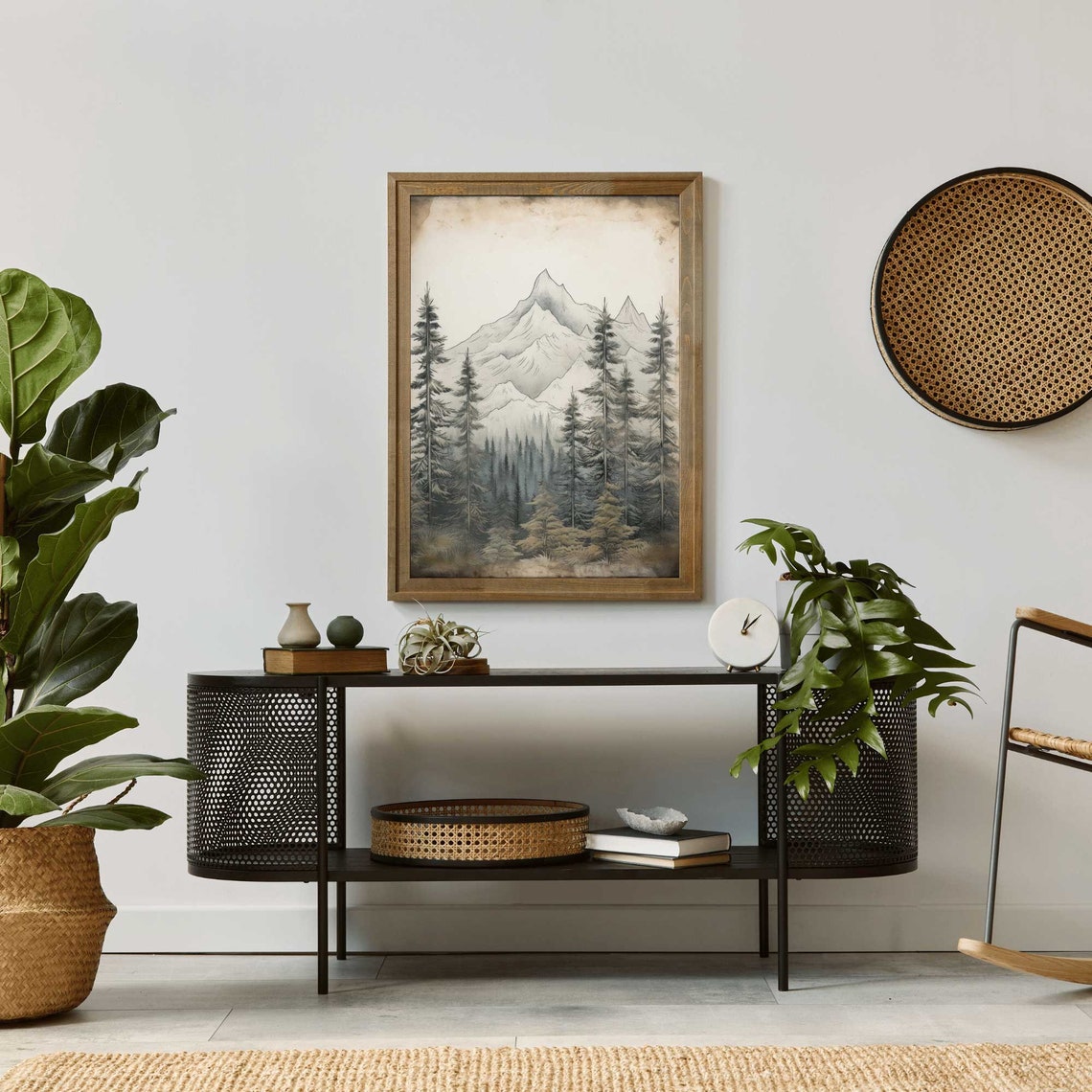 Sketched Mountain Peak Behind Tall Pine Trees Vintage Landscape Art Print - Image 2