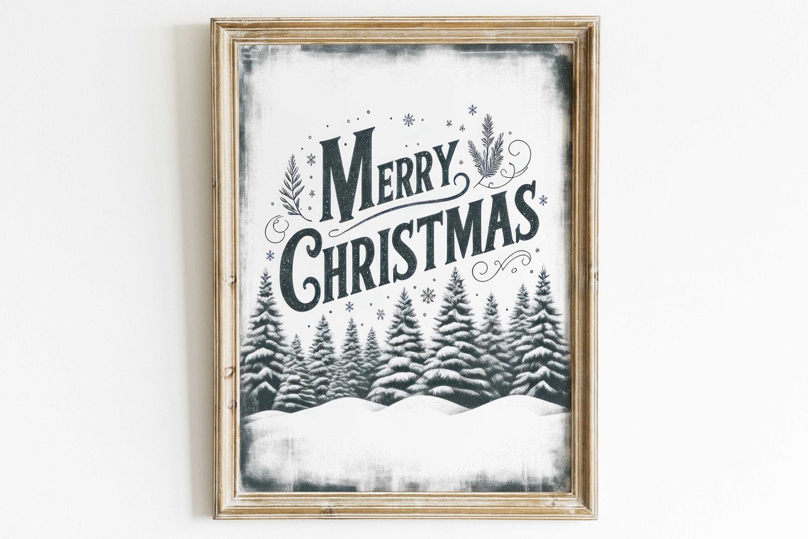 Vintage Merry Christmas Script Poster with a Forest of Snowy Pines