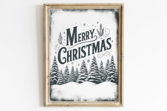 Vintage Merry Christmas Script Poster with a Forest of Snowy Pines
