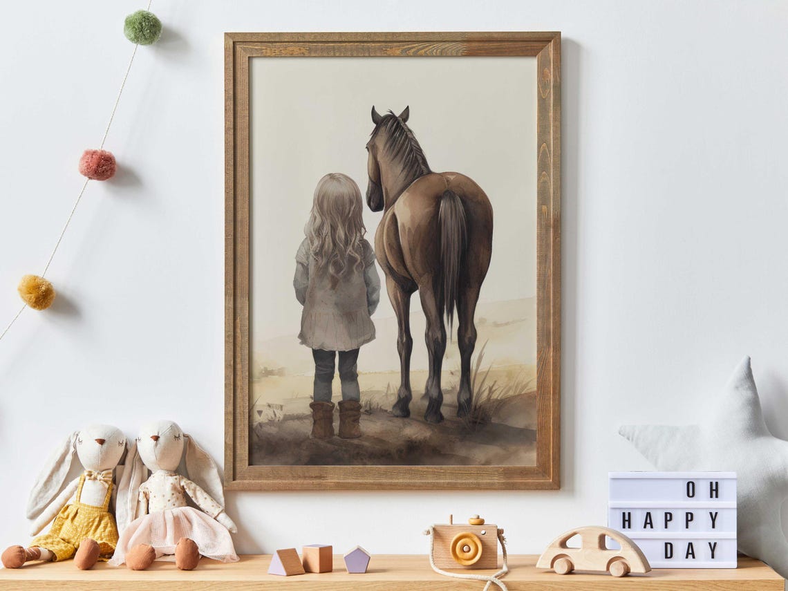 Girl Standing With Brown Horse Watercolor Nursery Art Poster