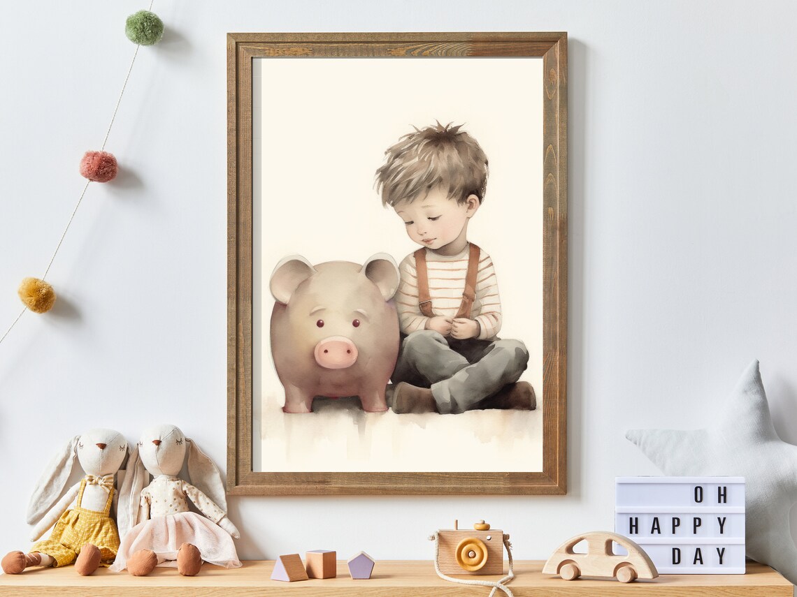Little Boy Sitting With Big Piggy Bank Watercolor Nursery Savings Poster