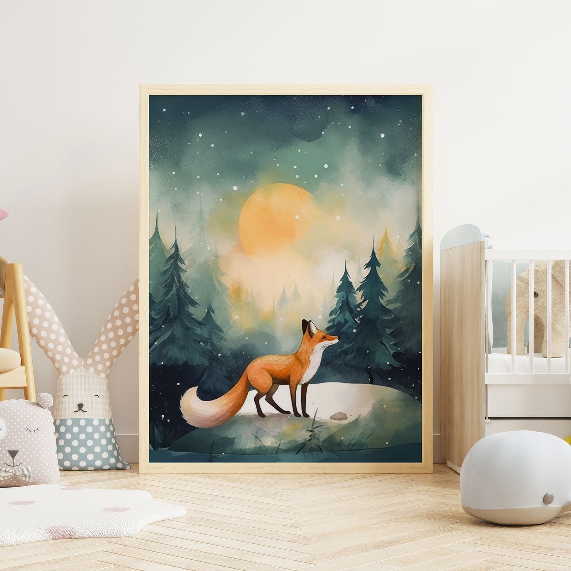 Red Fox Walking in Mystical Glowing Forest Night Woodland Poster - Image 2