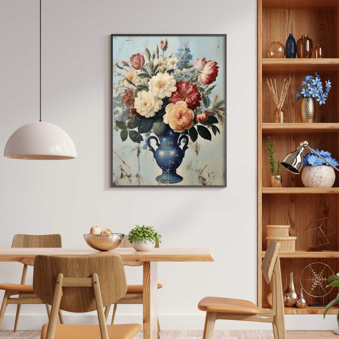 Lush Vintage Flower Bouquet In Ornate Blue Vase Still Life Poster - Image 2