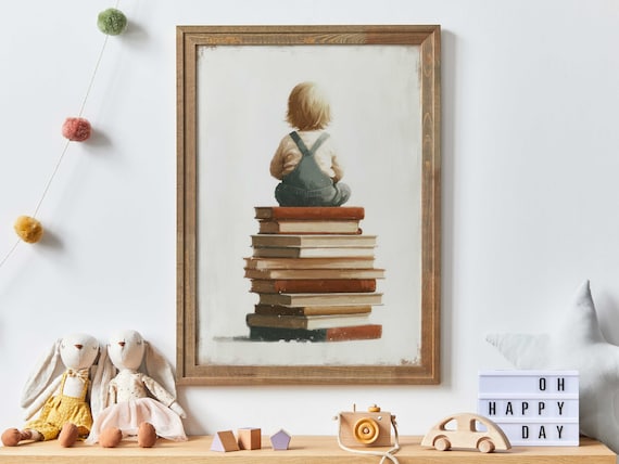 Little Boy Sitting on a Tall Stack of Books Reading Corner Wall Poster