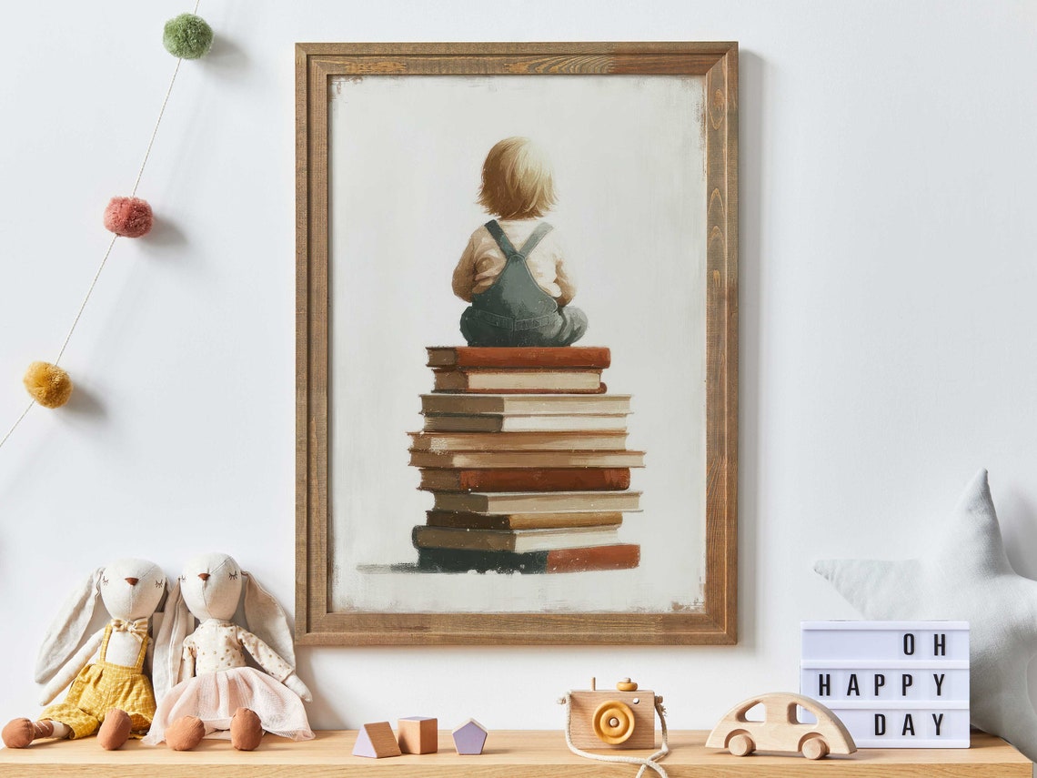 Little Boy Sitting on a Tall Stack of Books Reading Corner Wall Poster