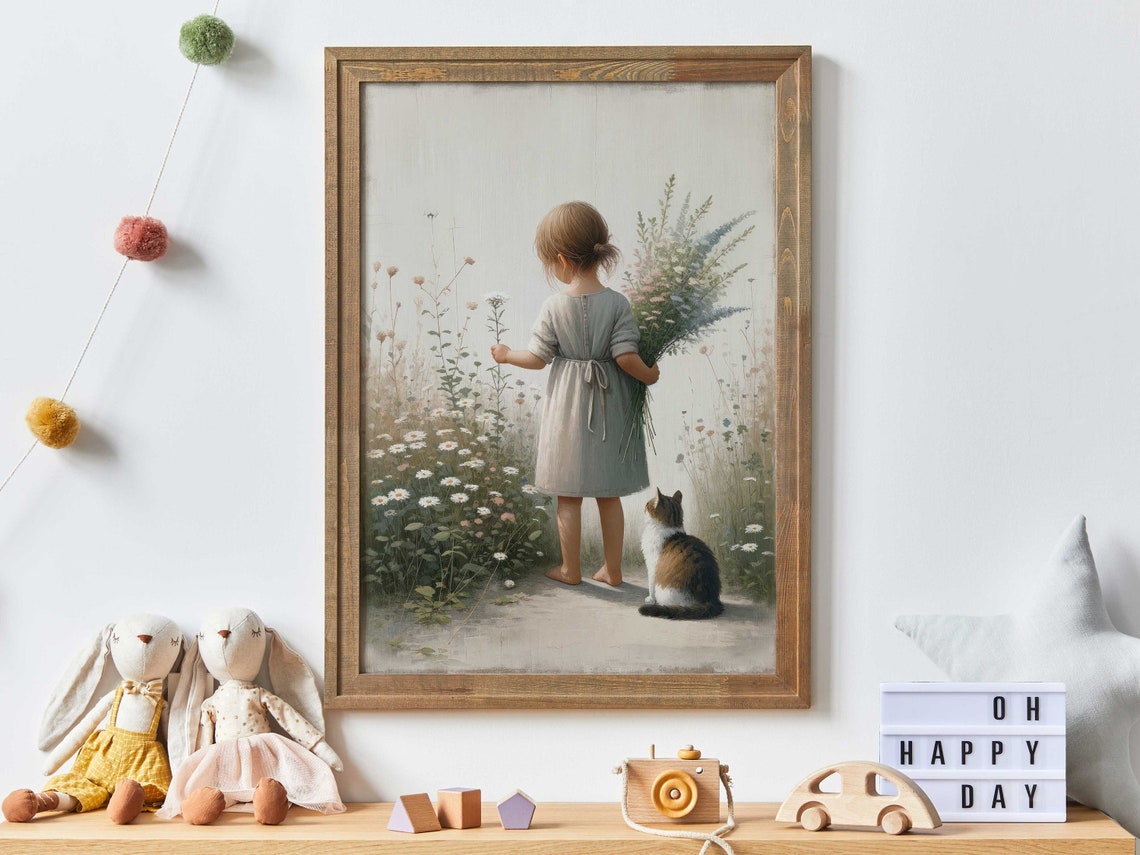 Little Girl Holding Wildflower Bouquet Beside Calico Cat Poster - Image 3