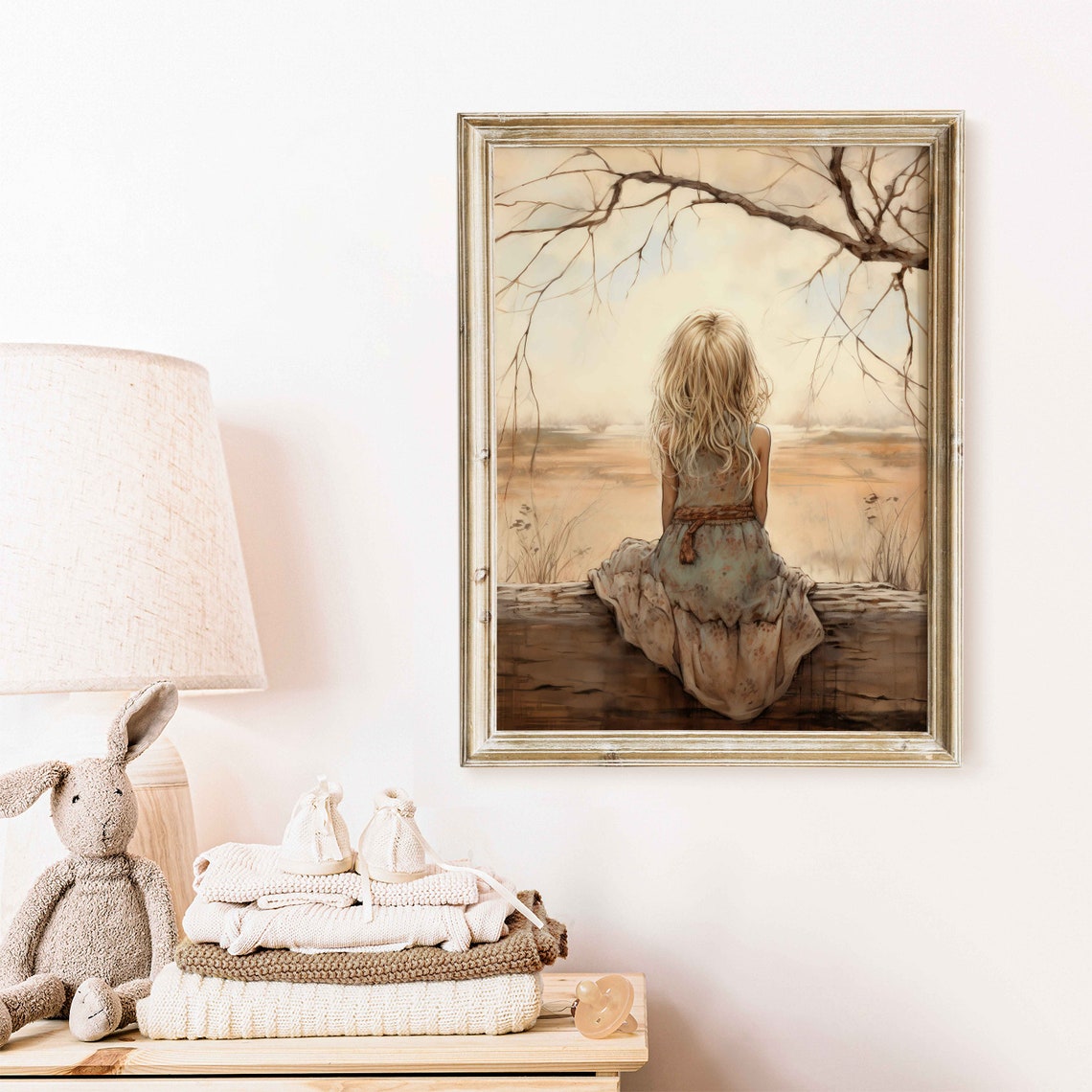 Little Girl on a Fallen Log Under Bare Branches by the Lake Poster - Image 2
