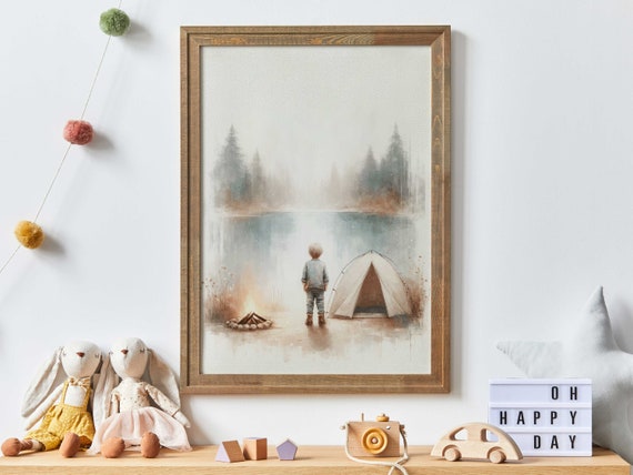 Boy Camping by Misty Lake Poster Little Camper Tent Campfire Nursery