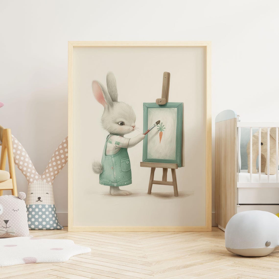 Artist Bunny Painting a Carrot at Easel Cute Sage Green Nursery Poster - Image 2