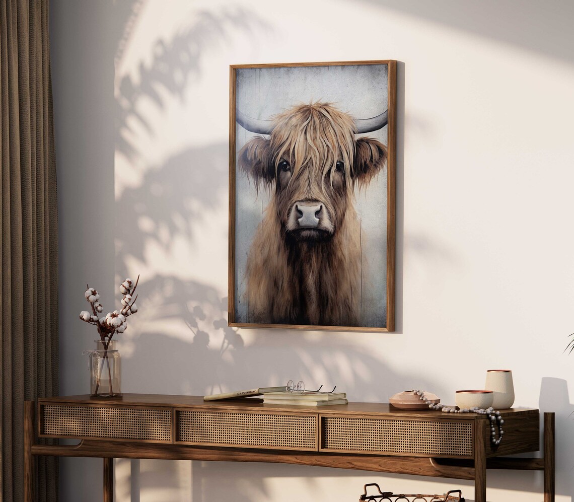 Highland Cow Wall Art, Rustic Farmhouse Portrait