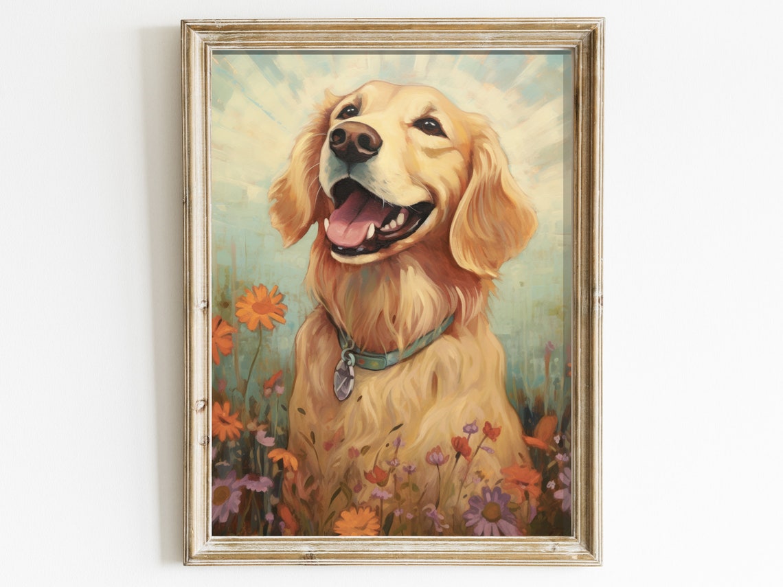 Happy Golden Retriever Dog Portrait with Wildflowers Wall Art