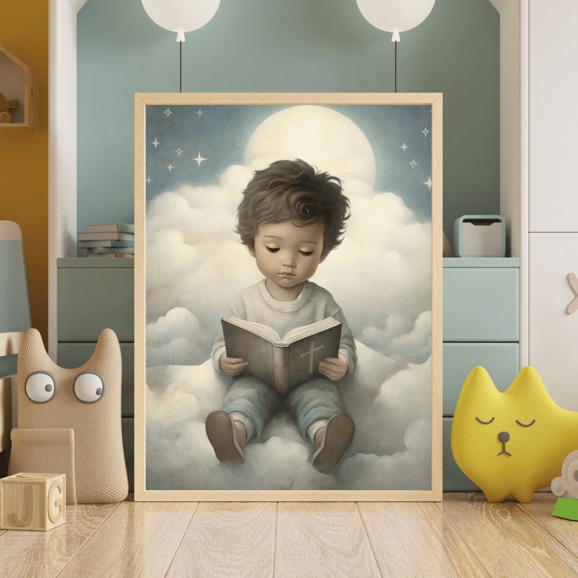 Little Boy Reading Bible on Heavenly Clouds at Night Nursery Poster - Image 2