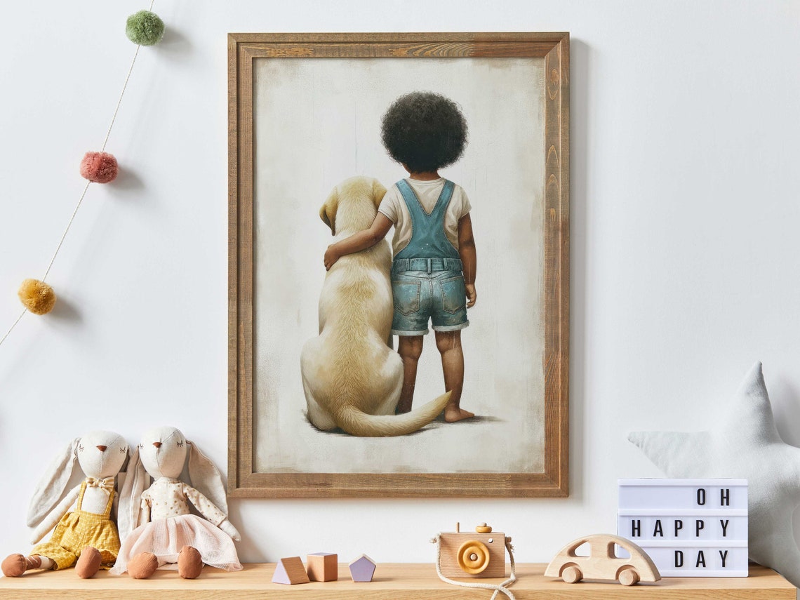 Little Boy in Overalls Hugging Yellow Labrador Nursery Poster