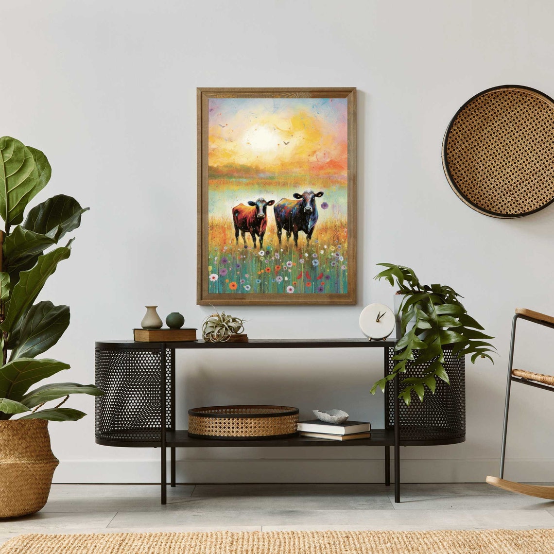 Two Cows in Sunset Wildflower Meadow Poster Colorful Farm Animal Art - Image 3