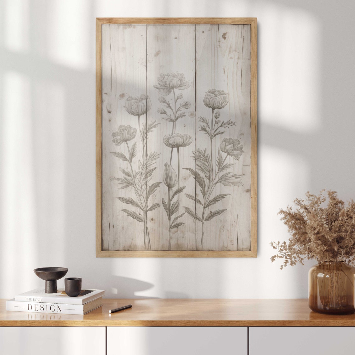 Rustic Whitewashed Wood Panel with Vintage Floral Sketch Art Poster - Image 2