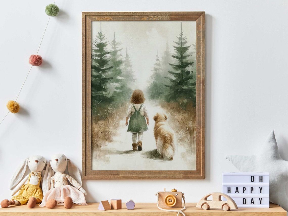 Girl and Her Golden Dog Walking a Misty Pine Forest Path Poster