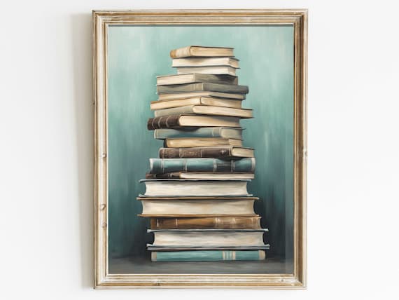 Tall Stack of Vintage Books on Teal Background Library Poster