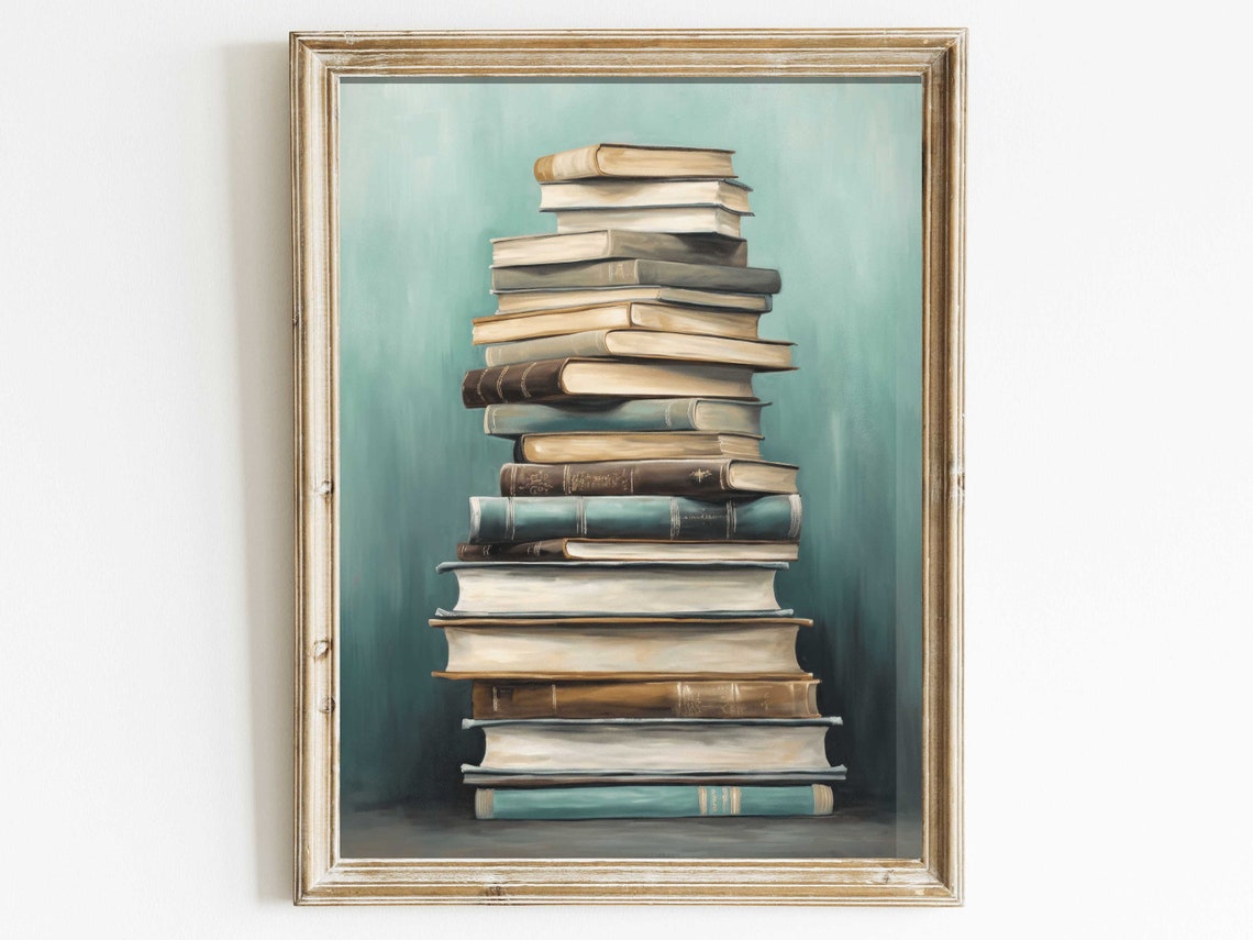 Tall Stack of Vintage Books on Teal Background Library Poster