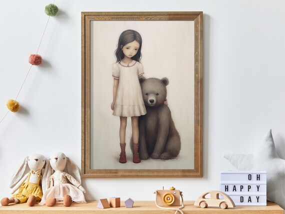 Adorable Vintage Bear Hug Nursery Art Little Girl Embracing Nature Highresolution Decor Cute And Ecofriendly Decor