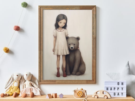 Vintage Girl with Brown Bear Cub Sweet Classic Nursery Poster