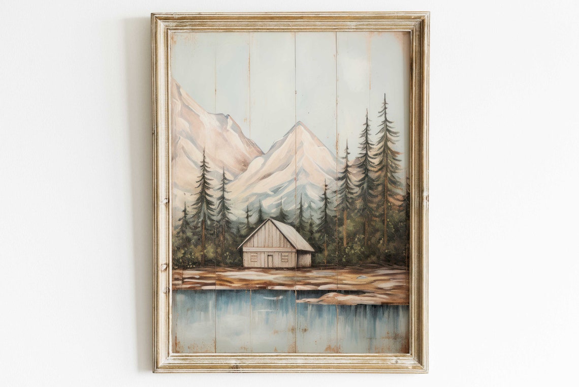 Lakeside Cabin in the Pines Beneath Painted Mountains Poster