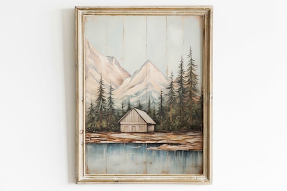 Forest And Mountain Cabin Cottage Painting Rustic Landscape Painting Lake House Print Little House Print Nature Art