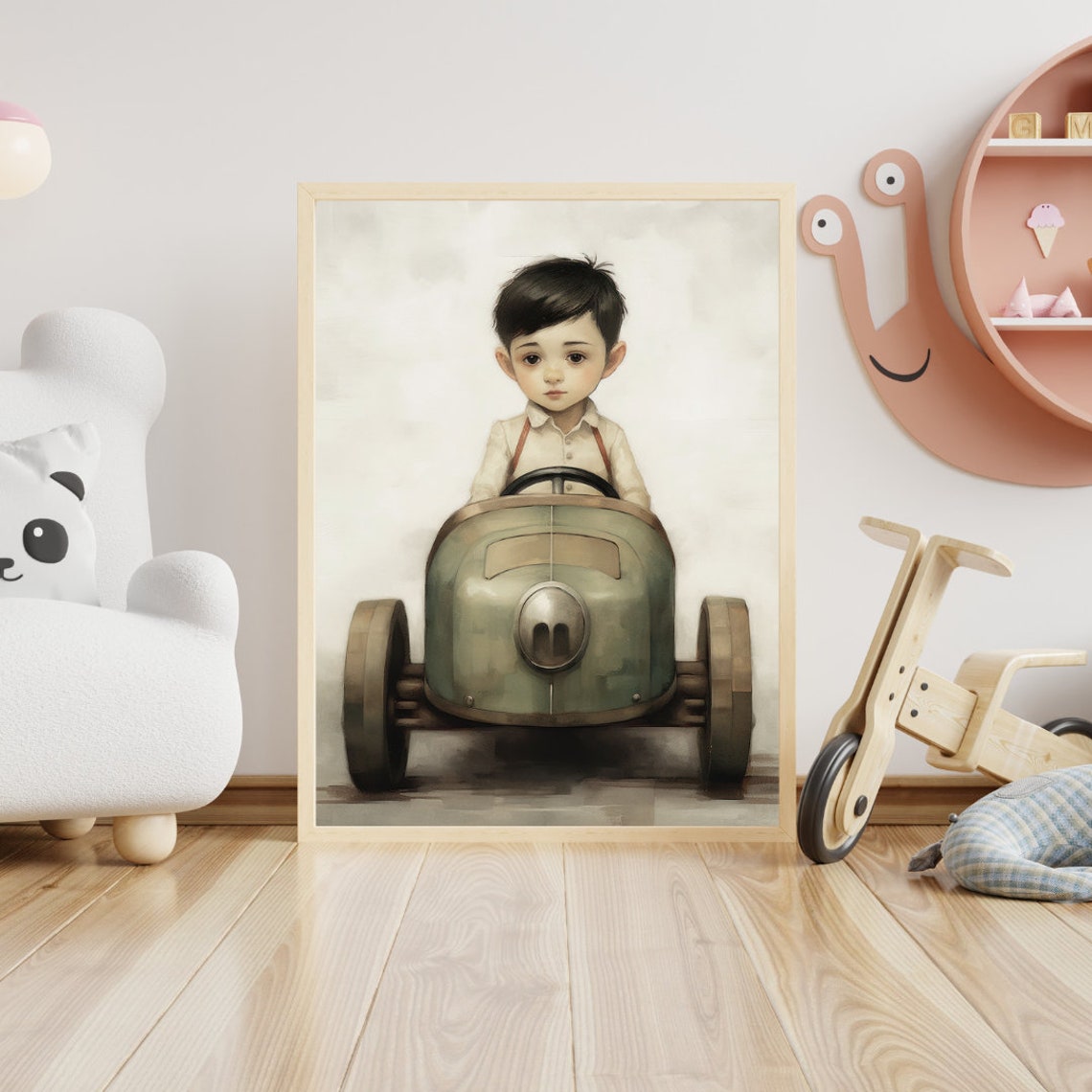 Little Boy In Vintage Green Toy Race Car Retro Nursery Art Print - Image 2