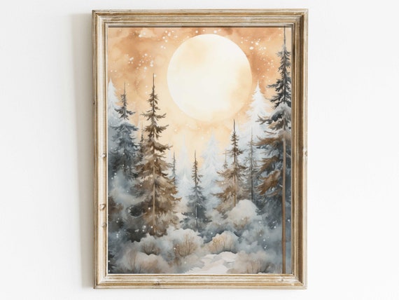 Forest Art Moody Forest Print Forest Wall Decor Watercolor Landscape Decor Nature Lovers Gift Full Moon Art Printdigital Art