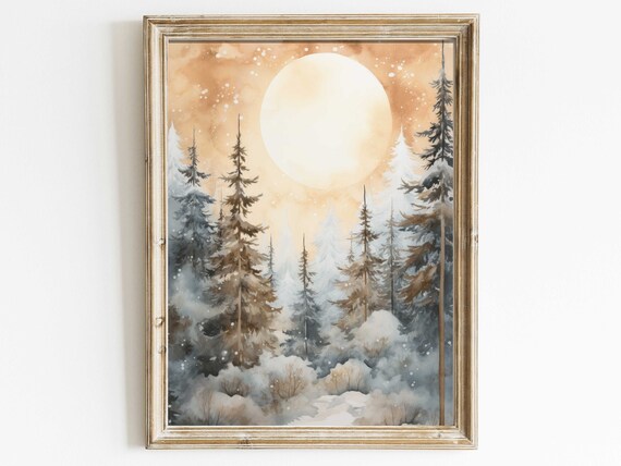 Snowy Pine Forest Under a Golden Sun Watercolor Winter Wall Poster