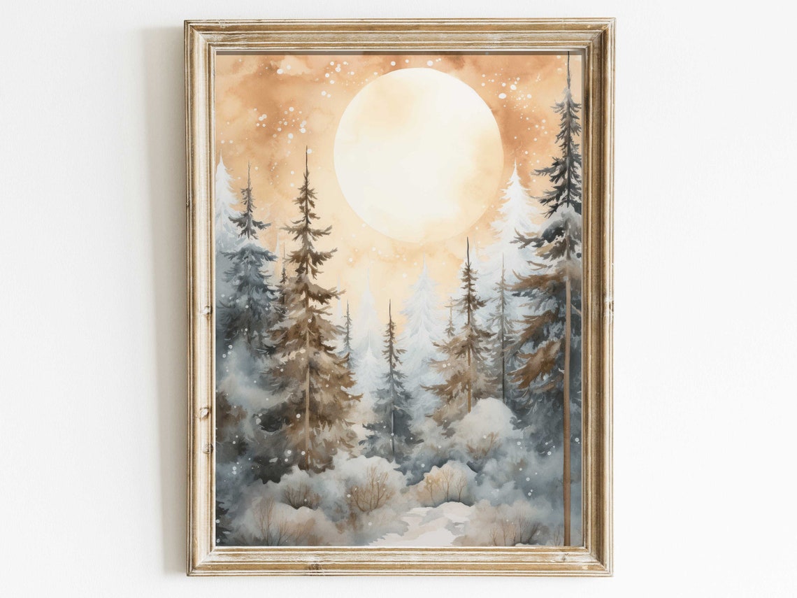 Snowy Pine Forest Under a Golden Sun Watercolor Winter Wall Poster
