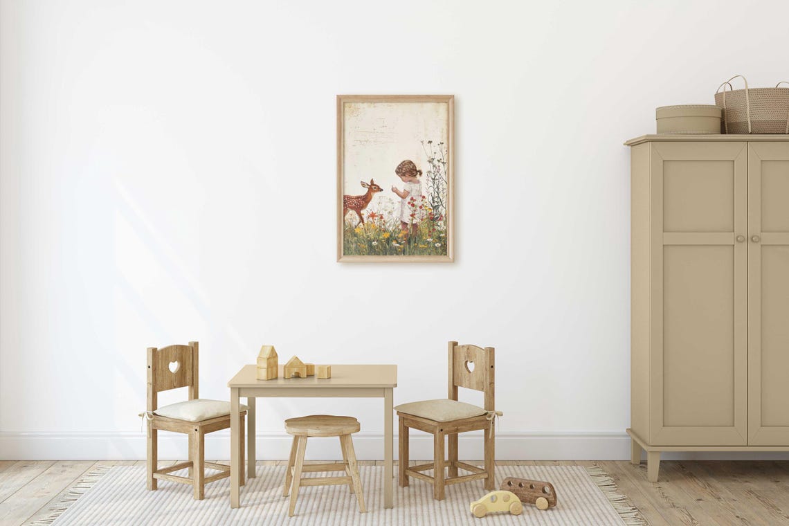 Little Girl And Fawn In Wildflower Meadow Nursery Art Poster - Image 2