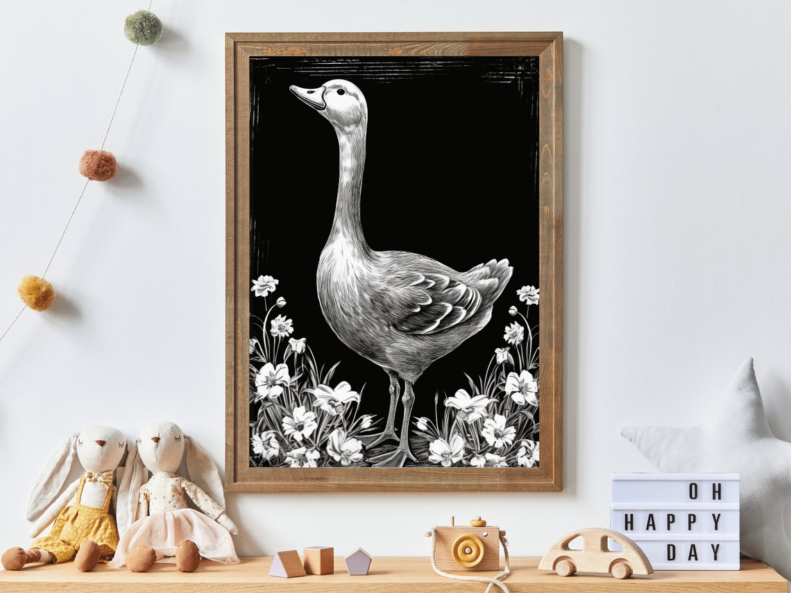 Black And White Goose Poster Floral Chalkboard Farmhouse Decor - Image 3