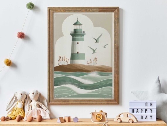 Vintage Lighthouse by the Sea With Seagulls Coastal Travel Poster