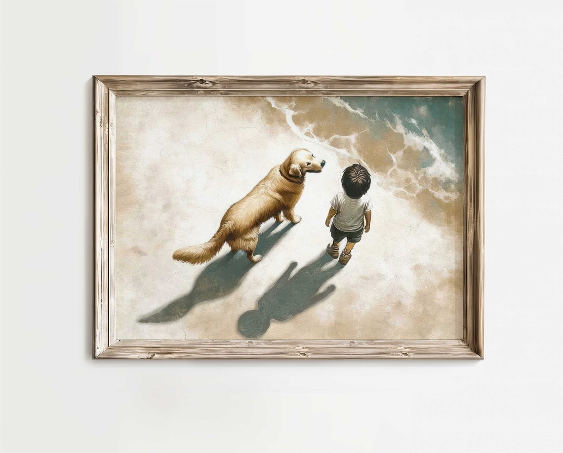 Boy and Golden Retriever Walking Together Along Beach Poster