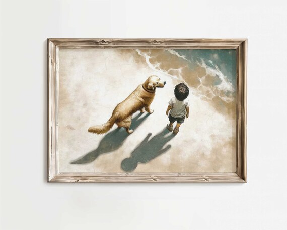 Boy and Golden Retriever Walking Together Along Beach Poster