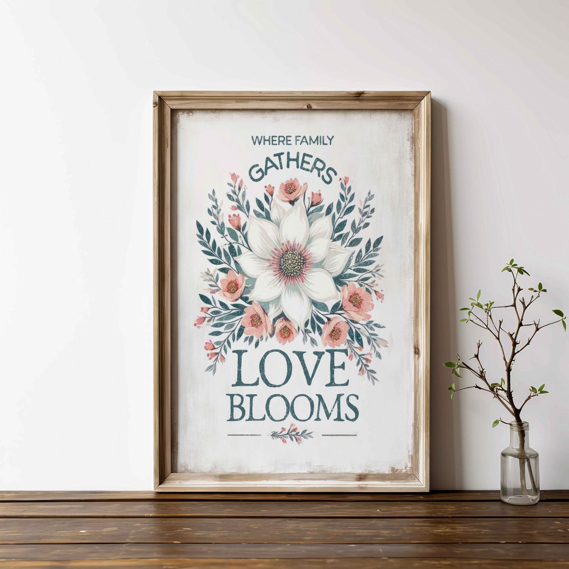 Family Quote Print Where Family Gathers Love Blooms Vintage Quote Wall Art Farmhouse Floral Art Rustic Kitchen Decor Quote - Image 2